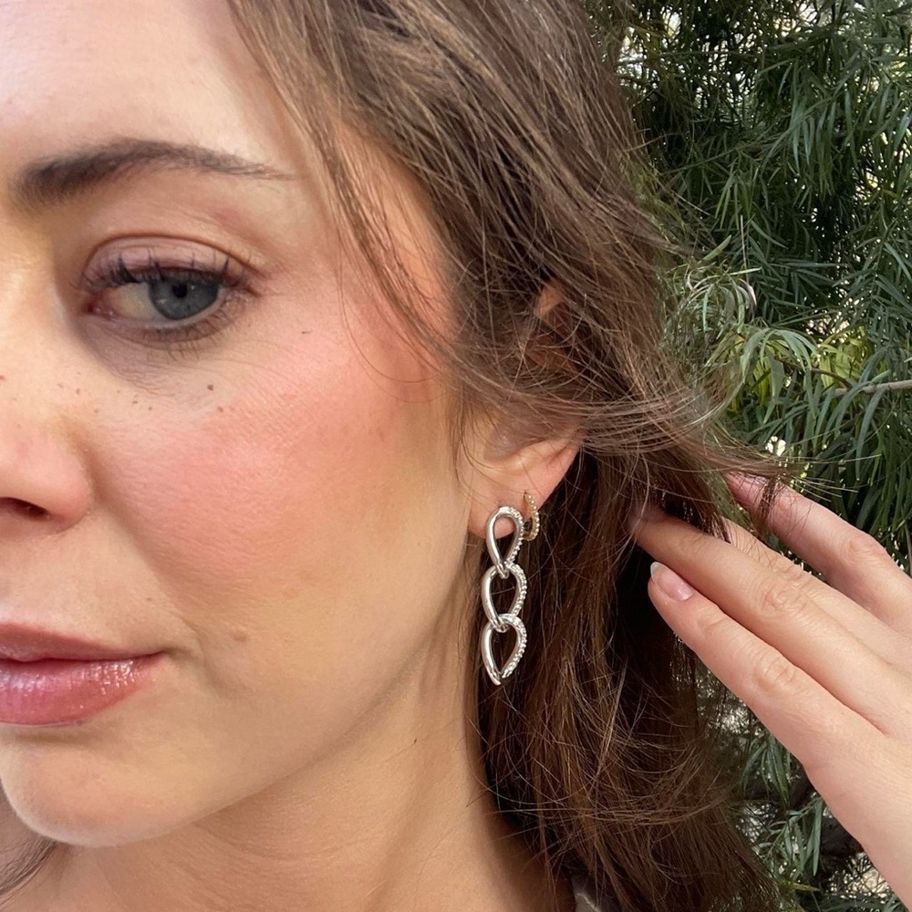 Silver diamond double loop Cuban chain earrings